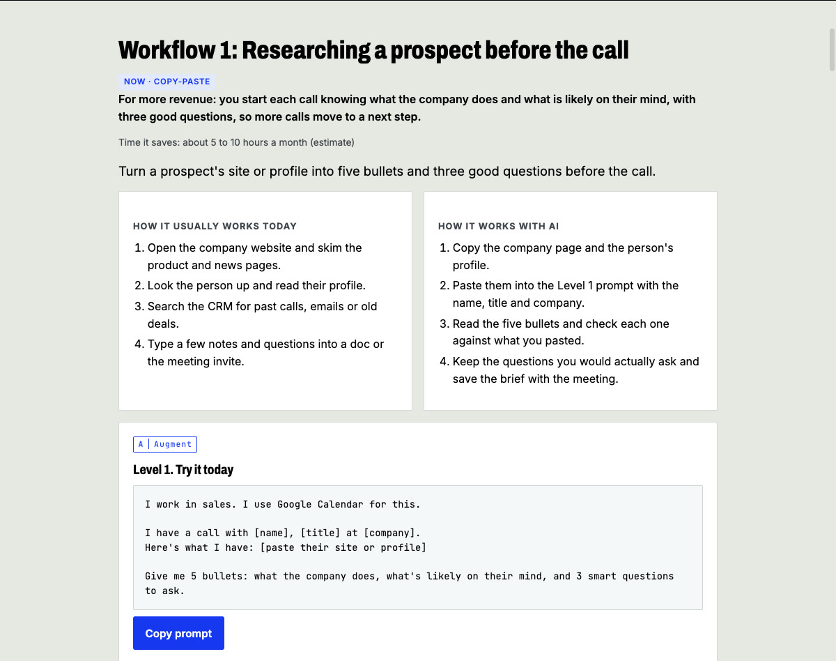 Workflow 1 in a finished playbook: the old way, the AI way, and the Level 1 prompt